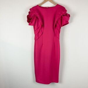 Elegant Pink Puff Flower sleeve Midi Dress - medium